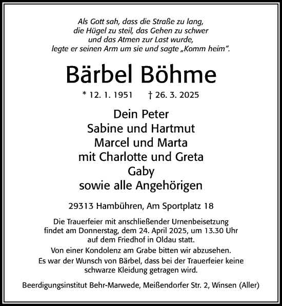 Traueranzeige von Bärbel Böhme von Cellesche Zeitung