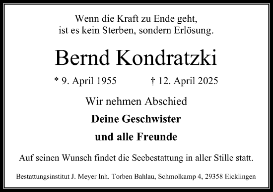 Traueranzeige von Bernd Kondratzki von Cellesche Zeitung