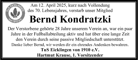 Traueranzeige von Bernd Kondratzki von Cellesche Zeitung