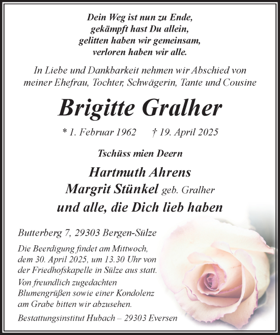 Traueranzeige von Brigitte Gralher von Cellesche Zeitung