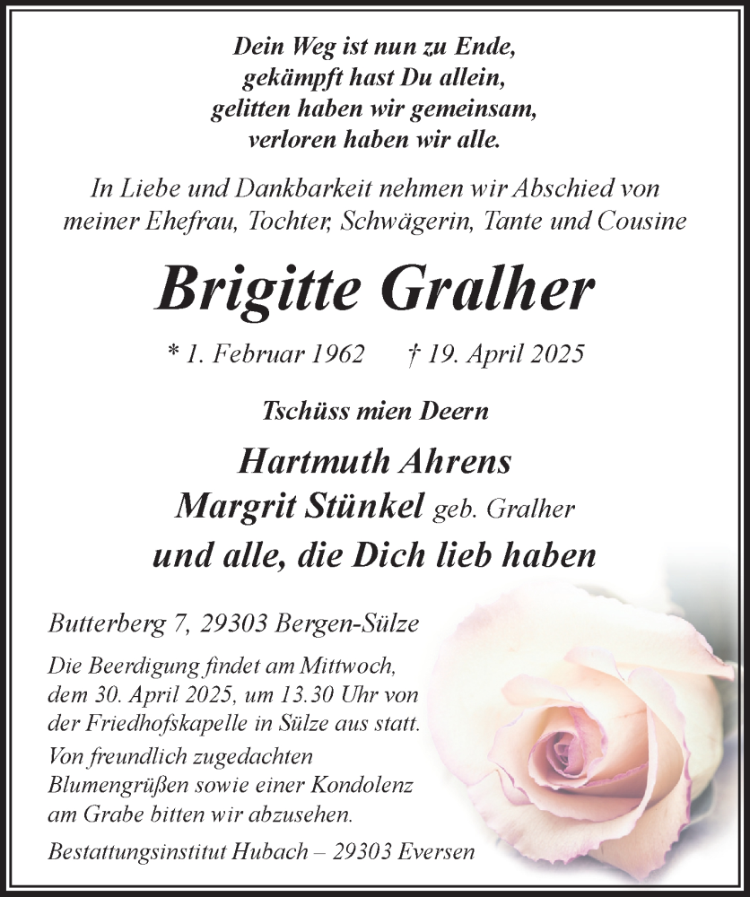  Traueranzeige für Brigitte Gralher vom 26.04.2025 aus Cellesche Zeitung