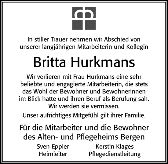Traueranzeige von Britta Hurkmans von Cellesche Zeitung