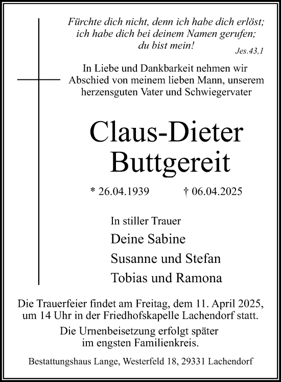 Traueranzeige von Claus-Dieter Buttgereit von Cellesche Zeitung