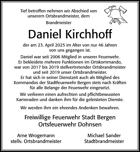 Traueranzeige von Daniel Kirchhoff von Cellesche Zeitung