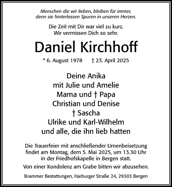 Traueranzeige von Daniel Kirchhoff von Cellesche Zeitung