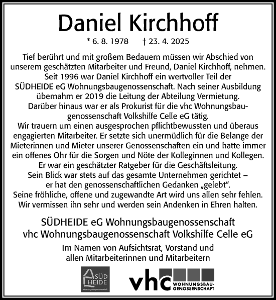 Traueranzeige von Daniel Kirchhoff von Cellesche Zeitung