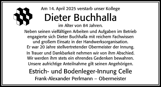 Traueranzeige von Dieter Buchhalla von Cellesche Zeitung