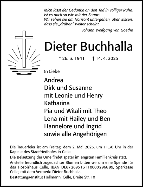 Traueranzeige von Dieter Buchhalla von Cellesche Zeitung