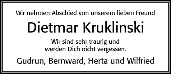 Traueranzeige von Dietmar Kruklinski von Cellesche Zeitung