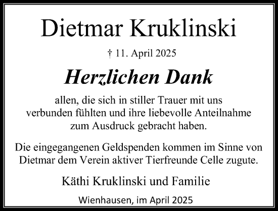 Traueranzeige von Dietmar Kruklinski von Cellesche Zeitung