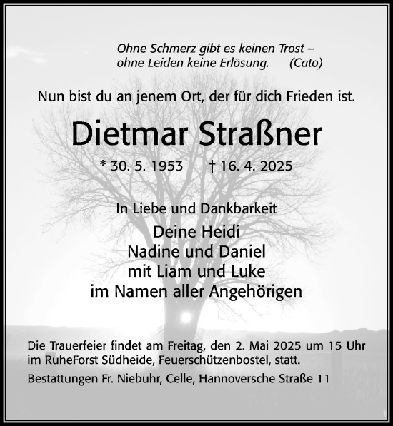 Traueranzeige von Dietmar Straßner von Cellesche Zeitung
