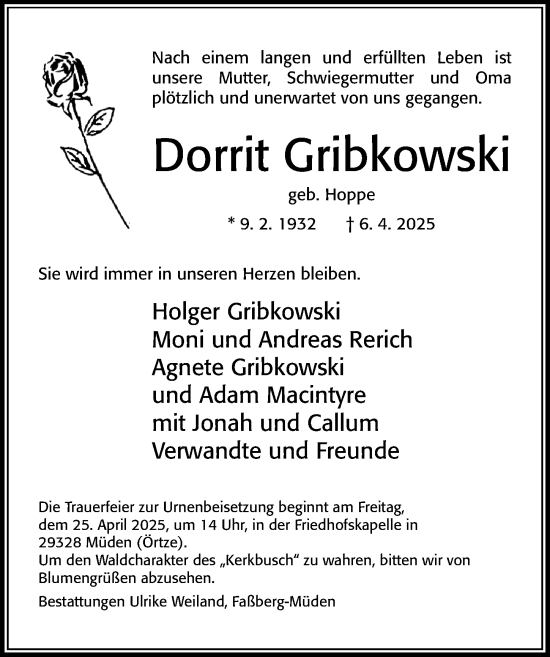 Traueranzeige von Dorrit Gribkowski von Cellesche Zeitung