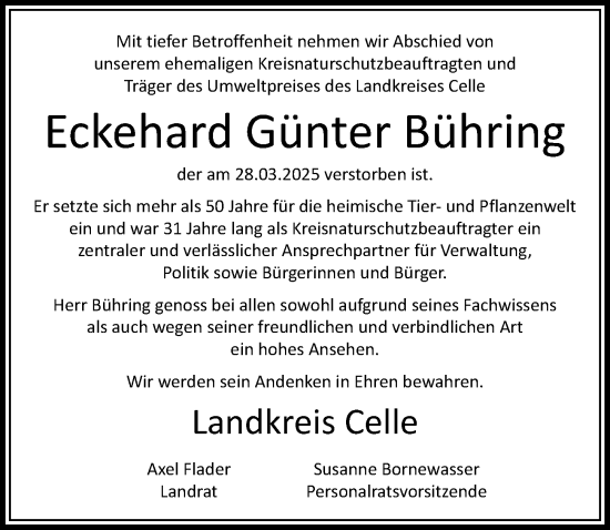 Traueranzeige von Eckehard Günter Bühring von Cellesche Zeitung