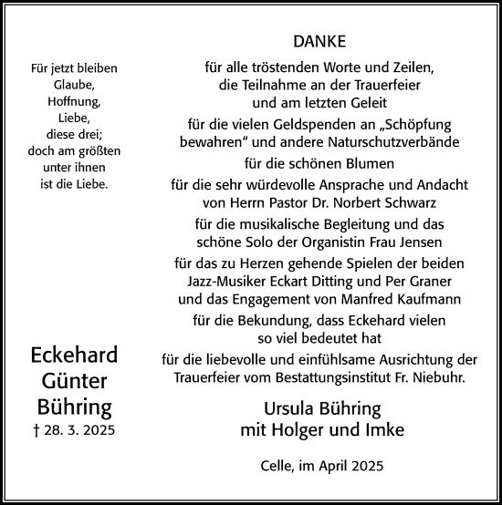 Traueranzeige von Eckehard Günter Bühring von Cellesche Zeitung