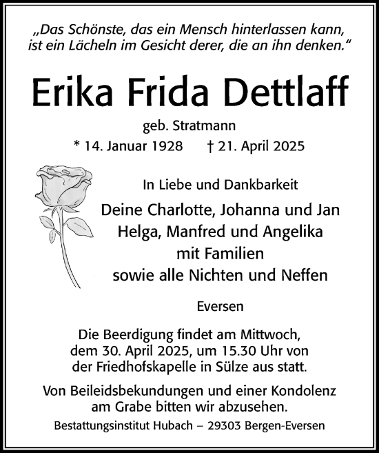 Traueranzeige von Erika Frida Dettlaff von Cellesche Zeitung