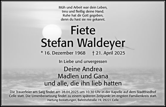 Traueranzeige von Fiete Stefan Waldeyer von Cellesche Zeitung