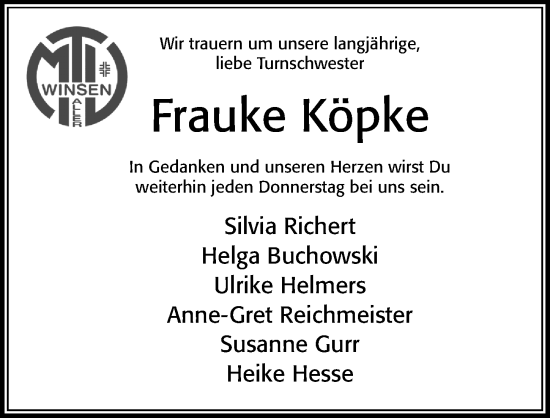 Traueranzeige von Frauke Köpke von Cellesche Zeitung