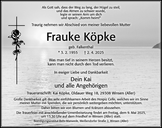 Traueranzeige von Frauke Köpke von Cellesche Zeitung
