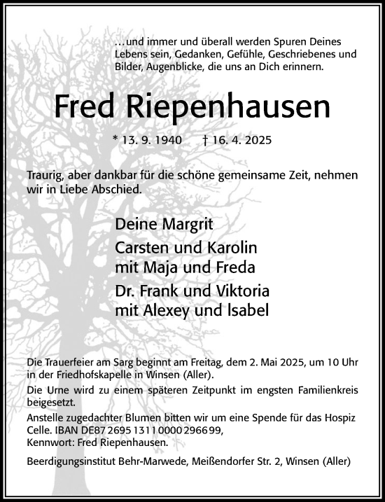 Traueranzeige von Fred Riepenhausen von Cellesche Zeitung