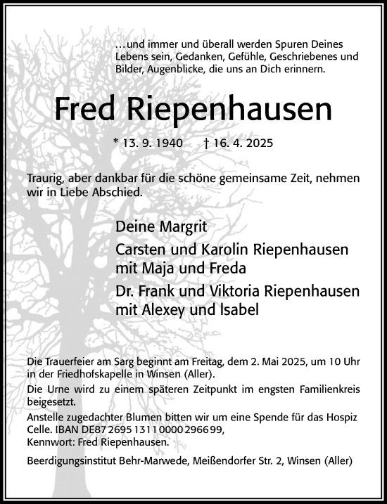Traueranzeige von Fred Riepenhausen von Cellesche Zeitung