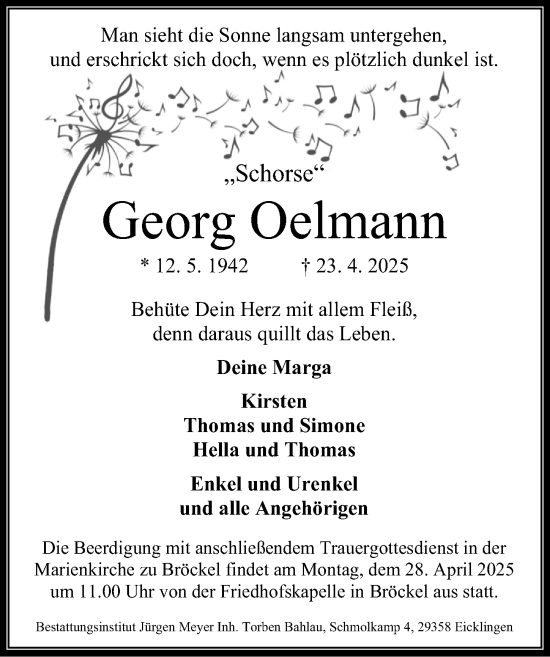 Traueranzeige von Georg Oelmann von Cellesche Zeitung