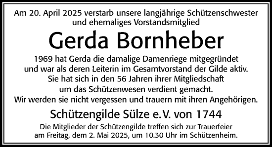Traueranzeige von Gerda Bornheber von Cellesche Zeitung