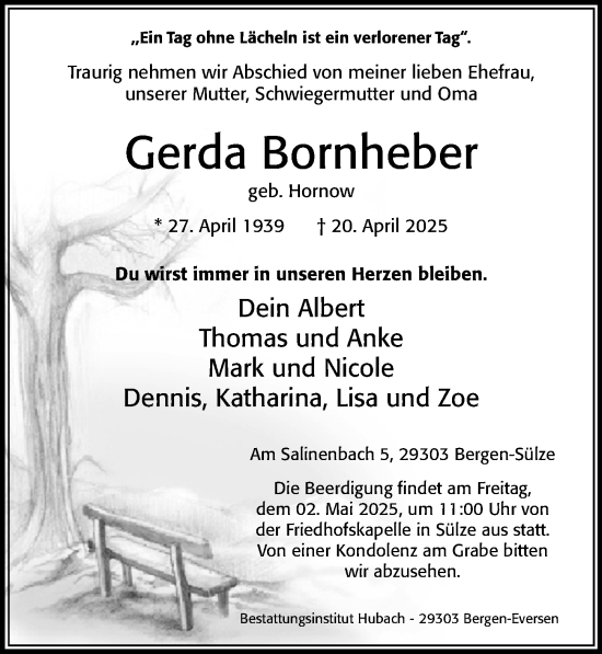 Traueranzeige von Gerda Bornheber von Cellesche Zeitung