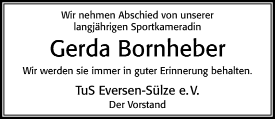 Traueranzeige von Gerda Bornheber von Cellesche Zeitung