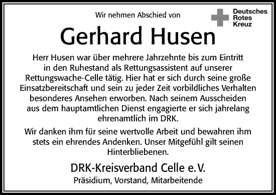 Traueranzeige von Gerhard Husen von Cellesche Zeitung