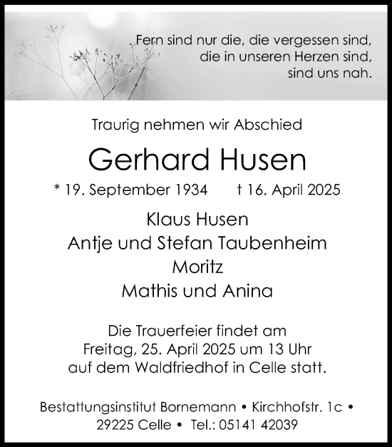 Traueranzeige von Gerhard Husen von Cellesche Zeitung