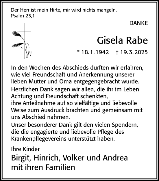 Traueranzeige von Gisela Rabe von Cellesche Zeitung
