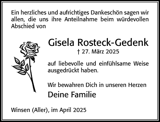 Traueranzeige von Gisela Rosteck-Gedenk von Cellesche Zeitung