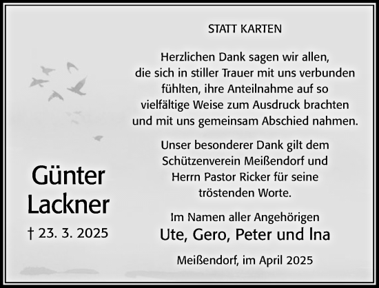 Traueranzeige von Günter Lackner von Cellesche Zeitung