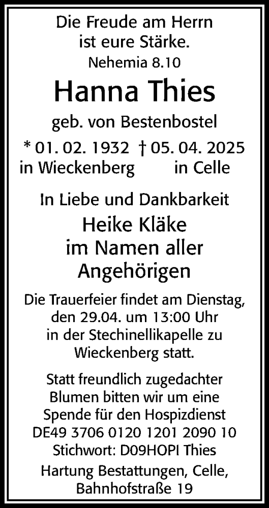 Traueranzeige von Hanna Thies von Cellesche Zeitung