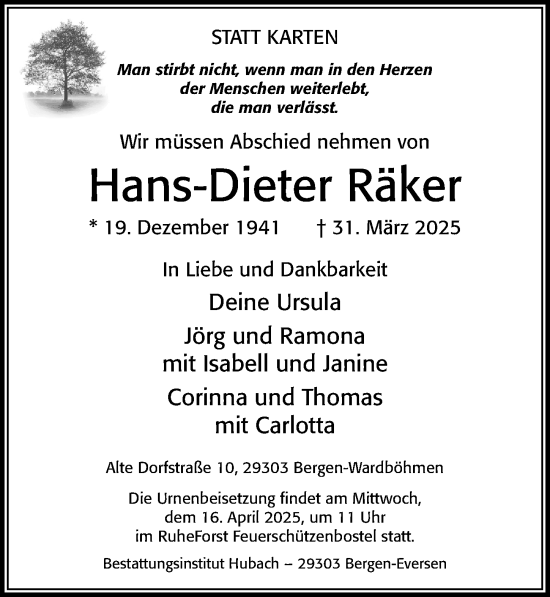 Traueranzeige von Hans-Dieter Räker von Cellesche Zeitung