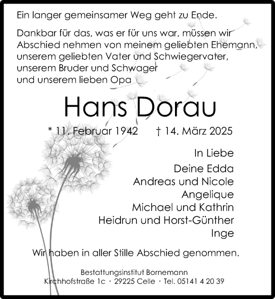 Traueranzeige von Hans Dorau von Cellesche Zeitung