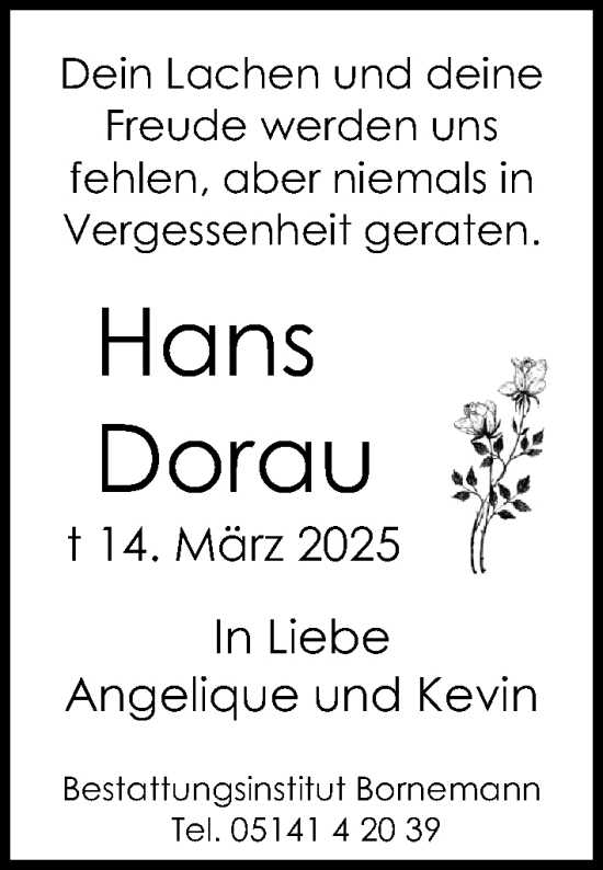 Traueranzeige von Hans Dorau von Cellesche Zeitung