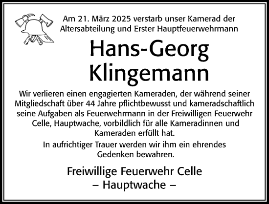 Traueranzeige von Hans-Georg Klingemann von Cellesche Zeitung