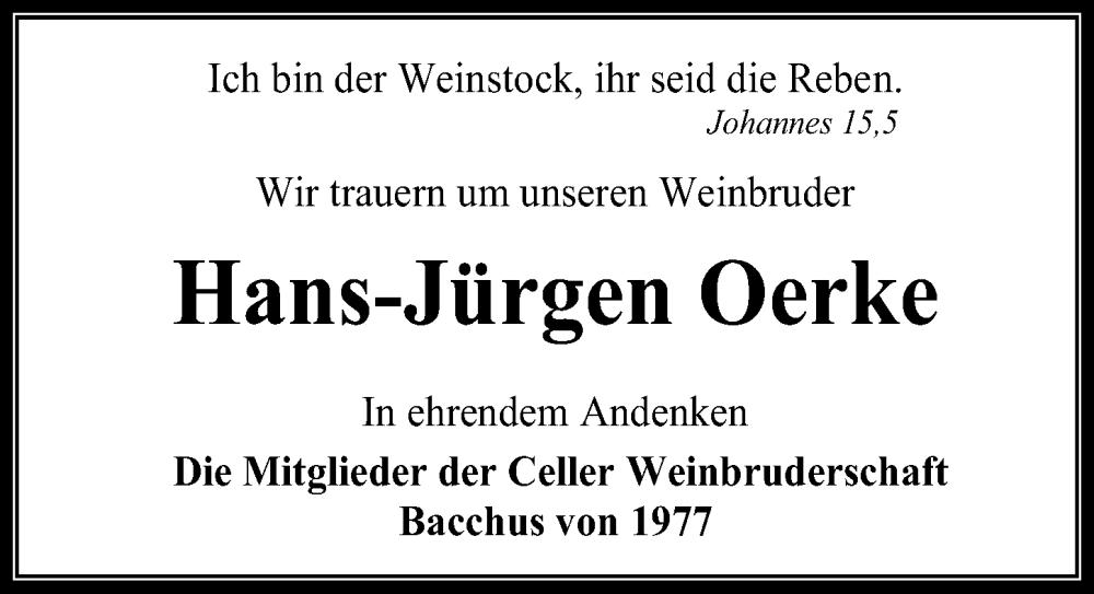  Traueranzeige für Hans-Jürgen Oerke vom 05.04.2025 aus Cellesche Zeitung