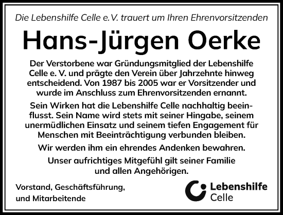 Traueranzeige von Hans-Jürgen Oerke von Cellesche Zeitung