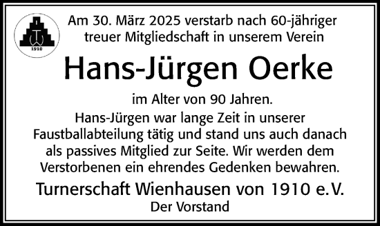 Traueranzeige von Hans-Jürgen Oerke von Cellesche Zeitung