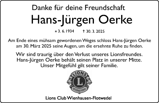 Traueranzeige von Hans-Jürgen Oerke von Cellesche Zeitung