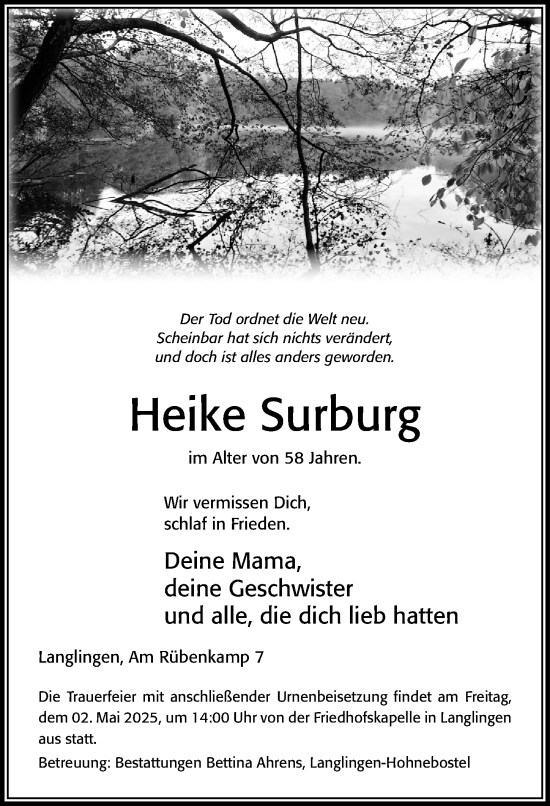 Traueranzeige von Heike Surburg von Cellesche Zeitung
