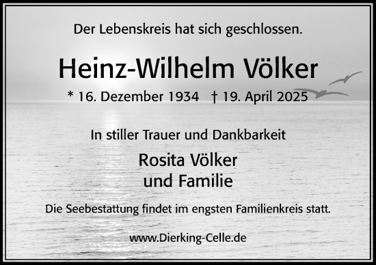 Traueranzeige von Heinz-Wilhelm Völker von Cellesche Zeitung