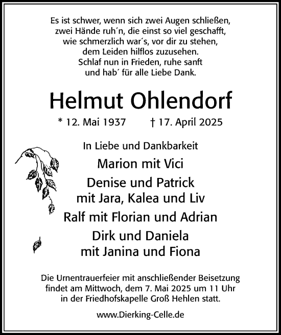 Traueranzeige von Helmut Ohlendorf von Cellesche Zeitung