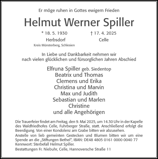 Traueranzeige von Helmut Werner Spiller von Cellesche Zeitung