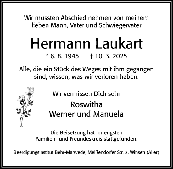 Traueranzeige von Hermann Laukart von Cellesche Zeitung