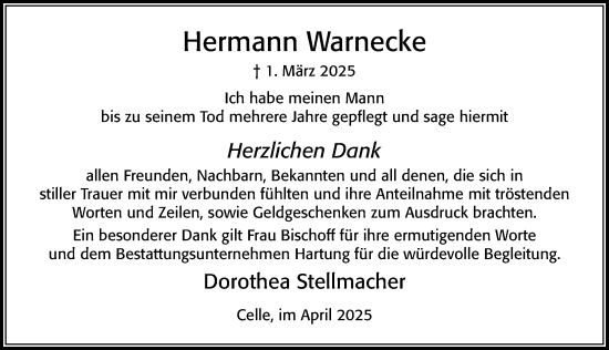 Traueranzeige von Hermann Warnecke von Cellesche Zeitung