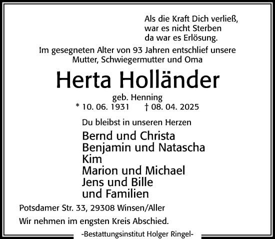 Traueranzeige von Herta Holländer von Cellesche Zeitung