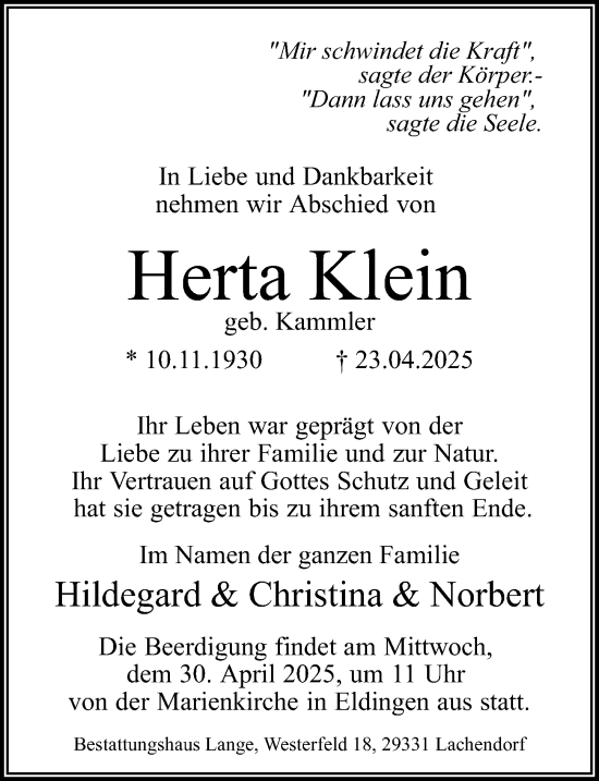 Traueranzeige von Herta Klein von Cellesche Zeitung